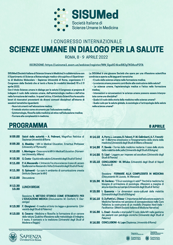 I CONGRESSO INTERNAZIONALE, “Scienze Umane in Dialogo per la Salute”, Roma, 8-9 aprile 2022.
