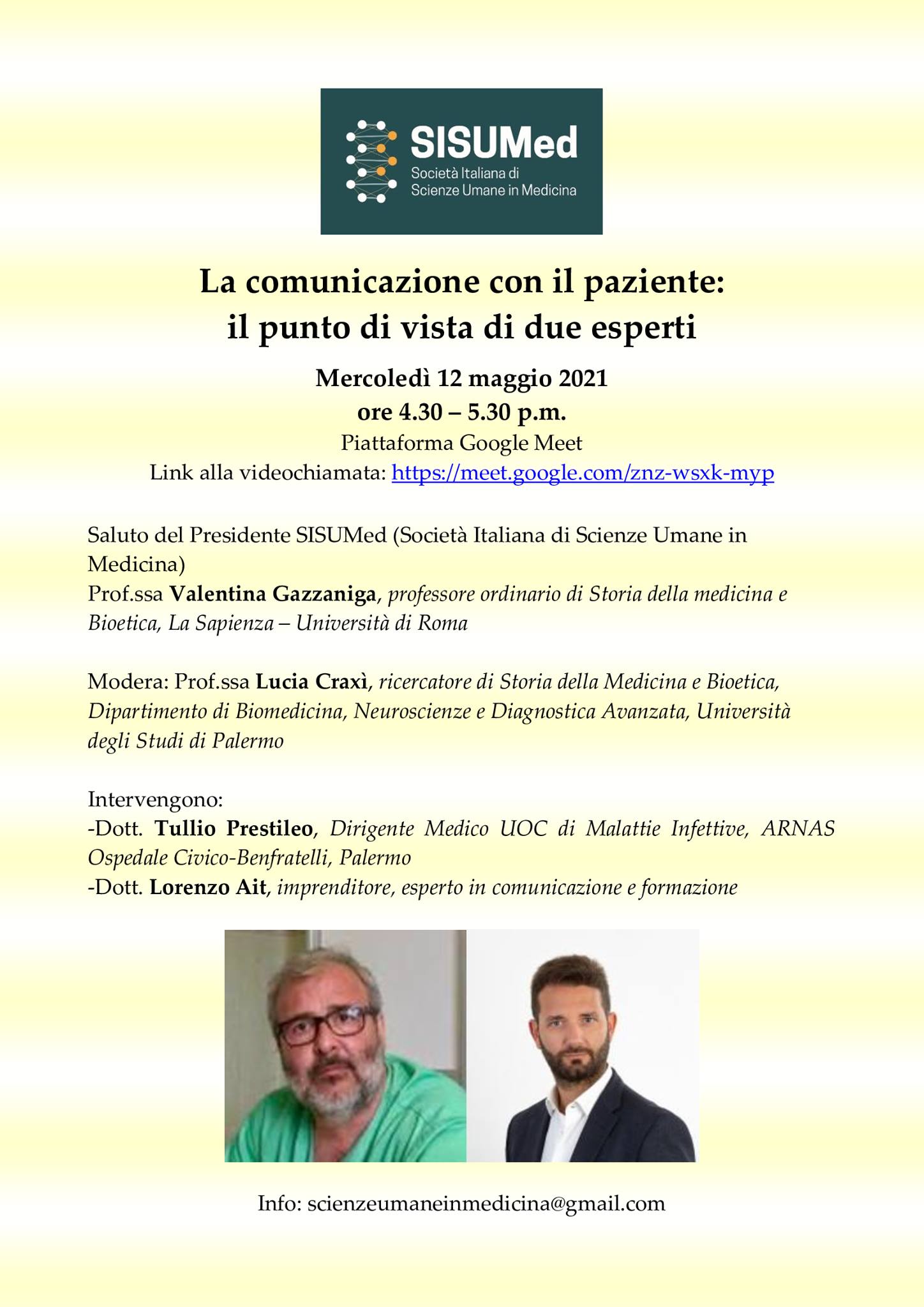 Incontro “La comunicazione con il paziente: il punto di vista di due esperti”. Online, 12 maggio 2021